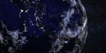 View of lights on earth from outer space