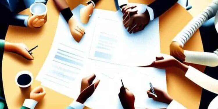 Illustration of people around a table at a business meeting