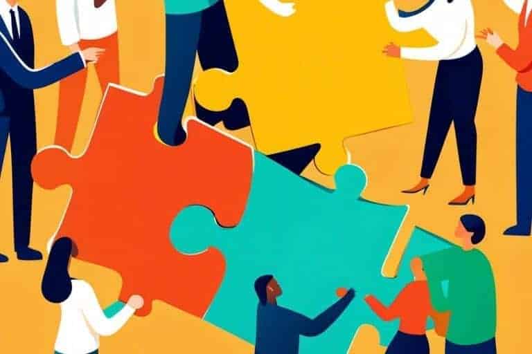 Illustration of business people among puzzle pieces