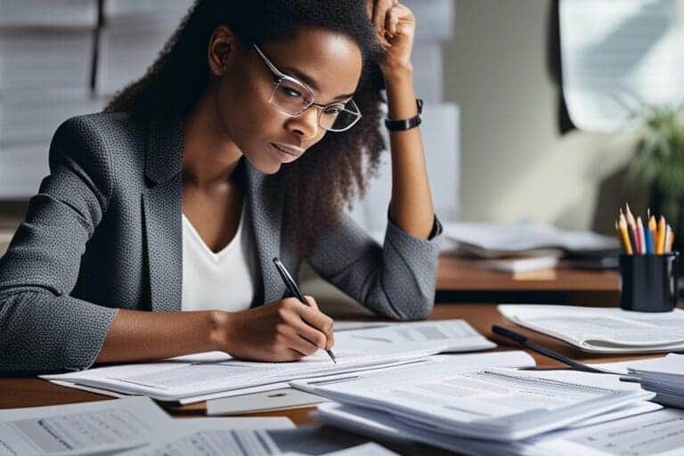 How to start a nonprofit illustration of a woman sitting at a desk, filling out paperwork
