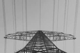 A view from below an electric transmission tower
