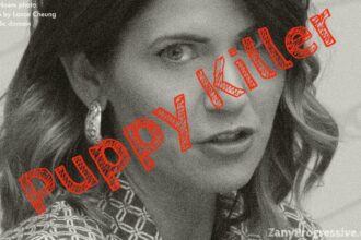 Kristi noem photo with “puppy killer” written over it