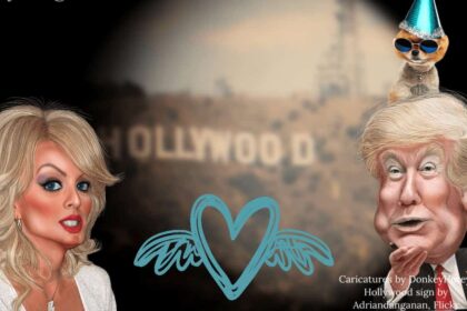 Caricatures of donald trump and stormy daniels with the hollywood sign in the background.