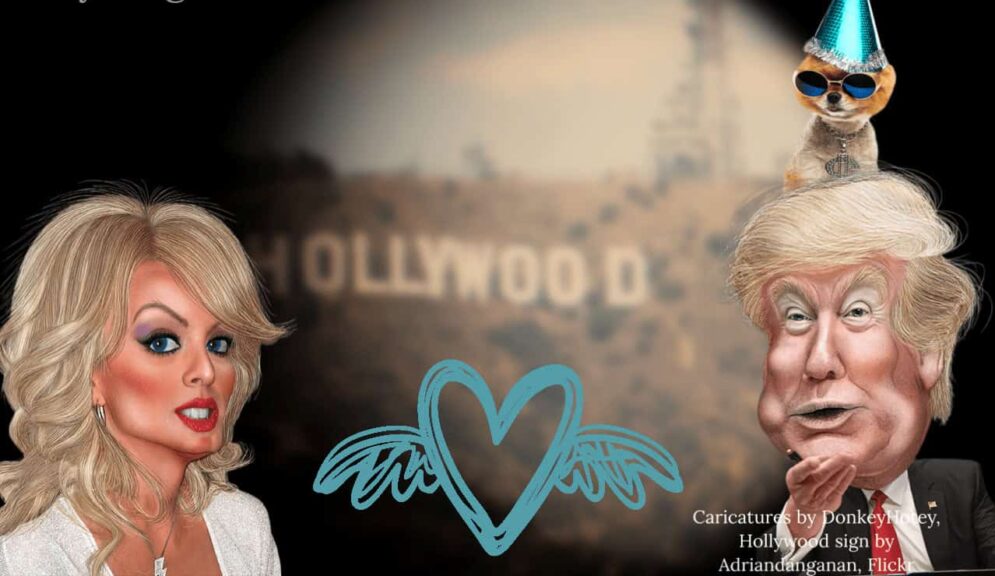 Caricatures of donald trump and stormy daniels with the hollywood sign in the background.