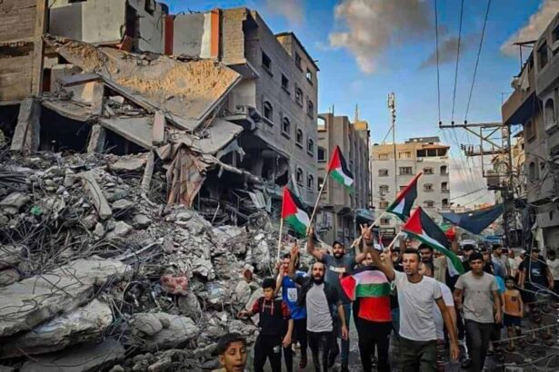 International criminal court prosecution of hamas: palestinians walk through the destruction in northern gaza.