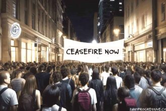 Protesters walk down the street with a banner that says ceasefire now