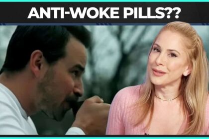 Ana kasparian with anti-woke and in background