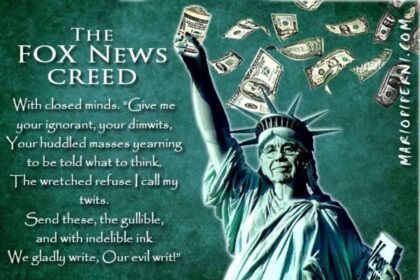 Statue of liberty with rupert murdoch’s face and the fox news creed