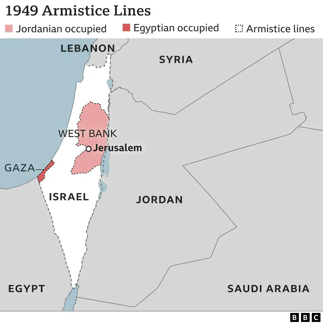 A map showing the boundaries of israel, palestine, and other arab nations in 1949.