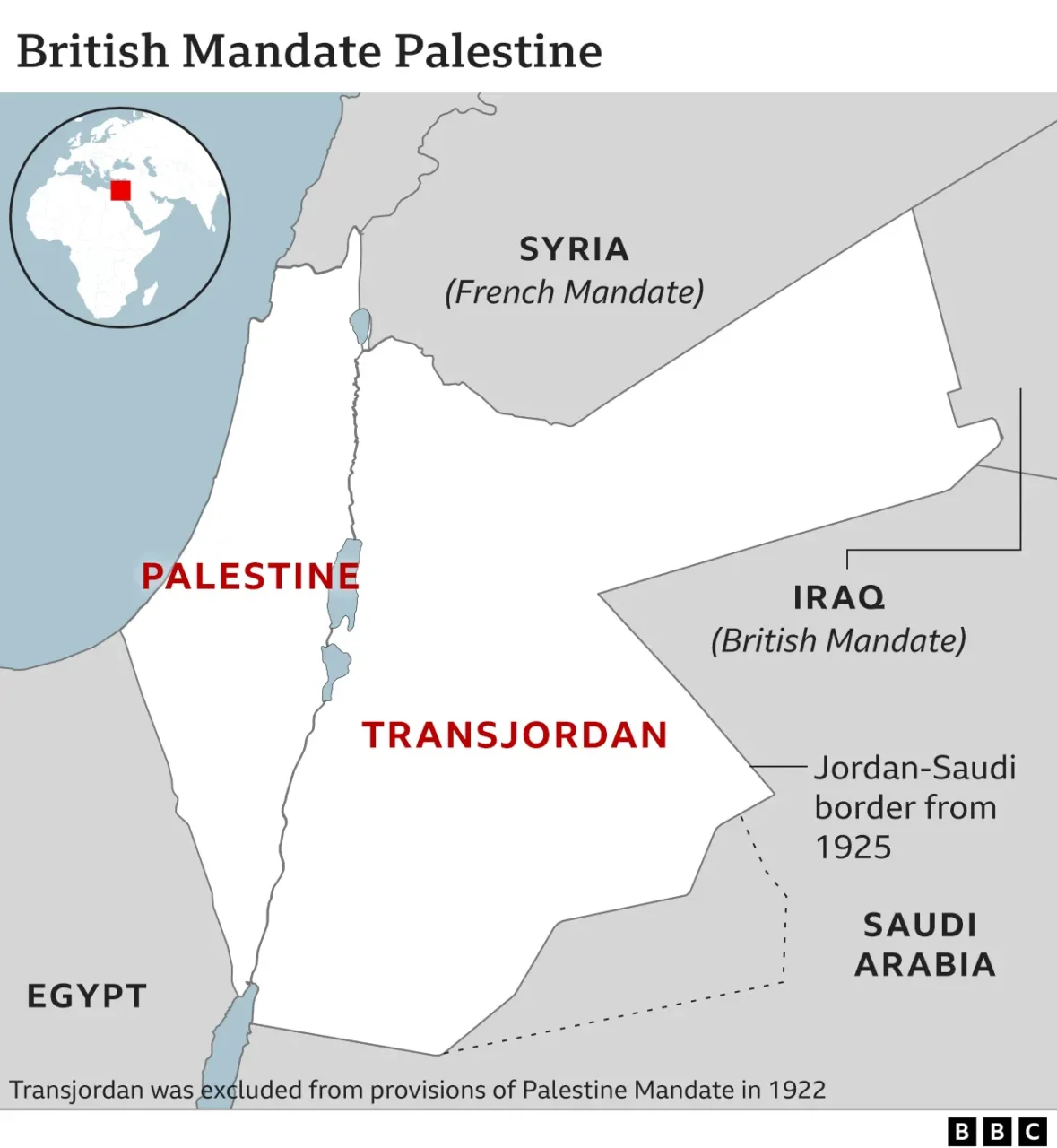 Israel and palestine conflict: map showing the borders and land designated by britain at the time.
