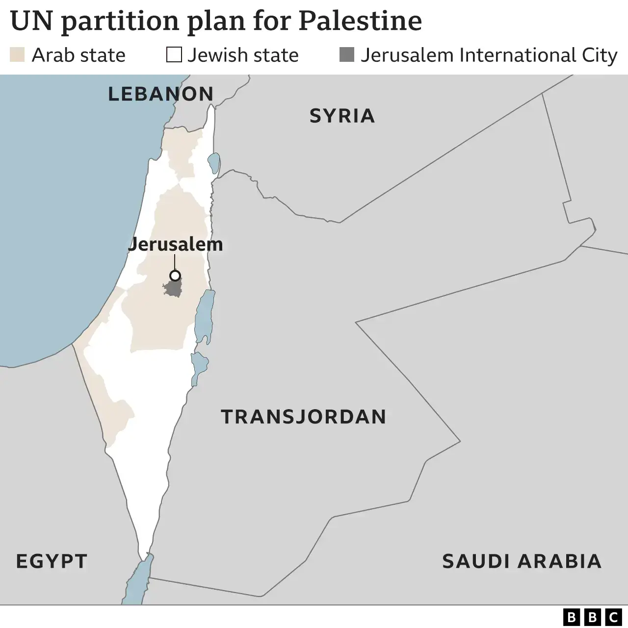 Israel and palestine conflict a map showing the land and borders as designated by what is now known as the united nations.