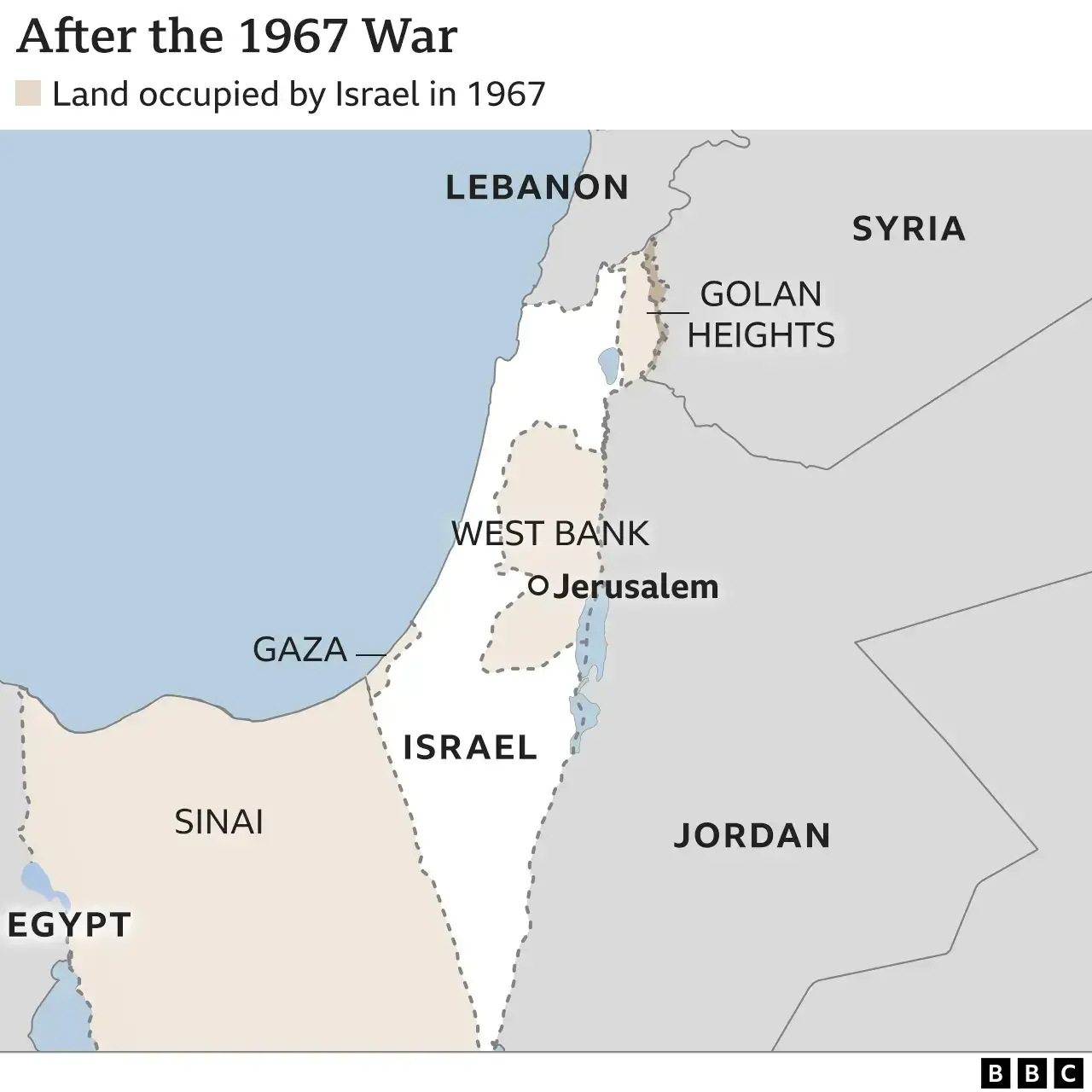 Israel and palestine conflict a map showing the land and borders as they were following the war in 1967.