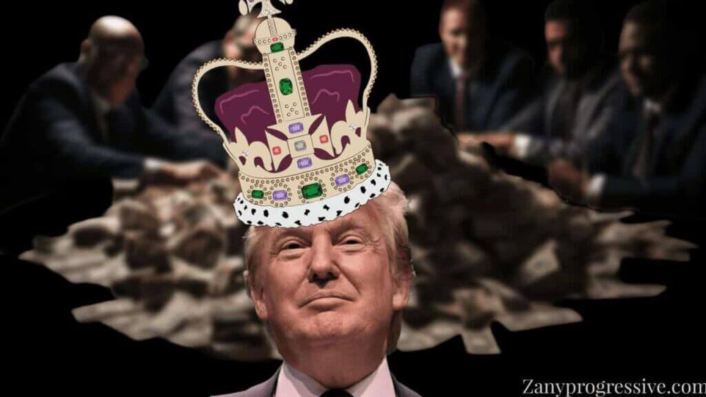 Dei  donald trump wearing a crown while billionaires sit around a pile of money on a table.