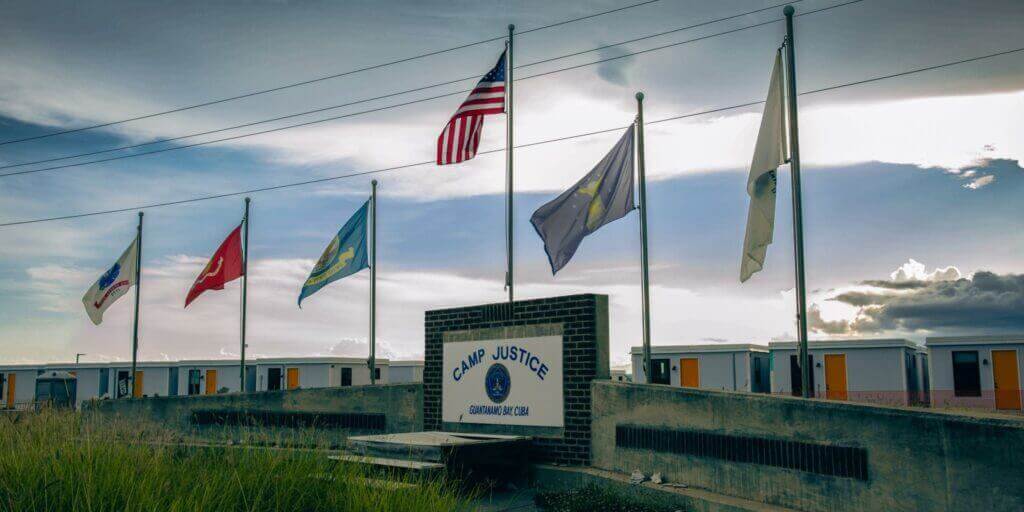 The front entrance of the U.S. military commission court at Guantánamo Bay, Cuba
