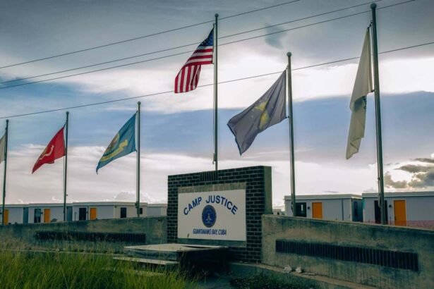 The front entrance of the U.S. military commission court at Guantánamo Bay, Cuba