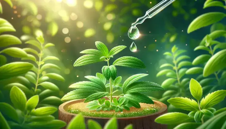 Stevia plants with the sun shining on them