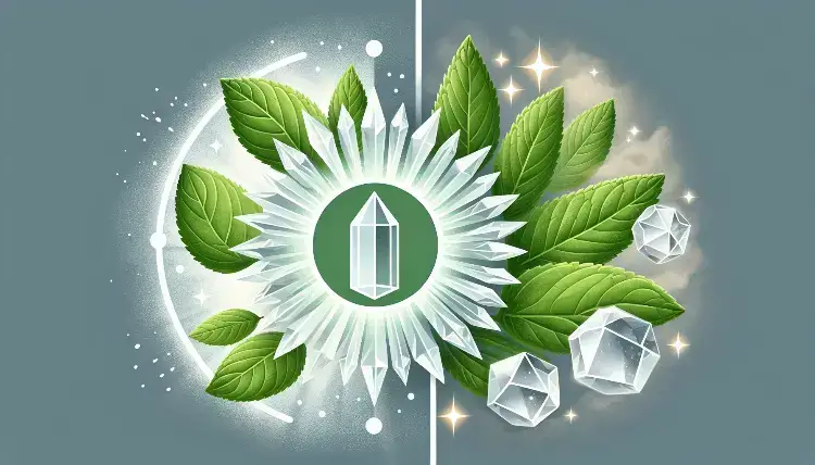 Illustration of stevia plant surrounded by sugar crystals