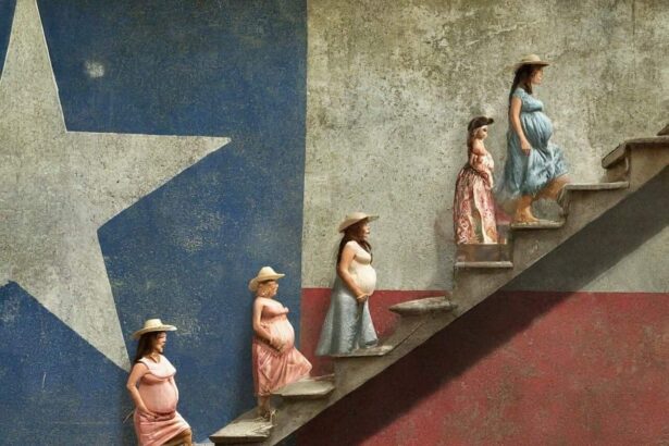 Pregnant women walking up a staircase with a texas flag background