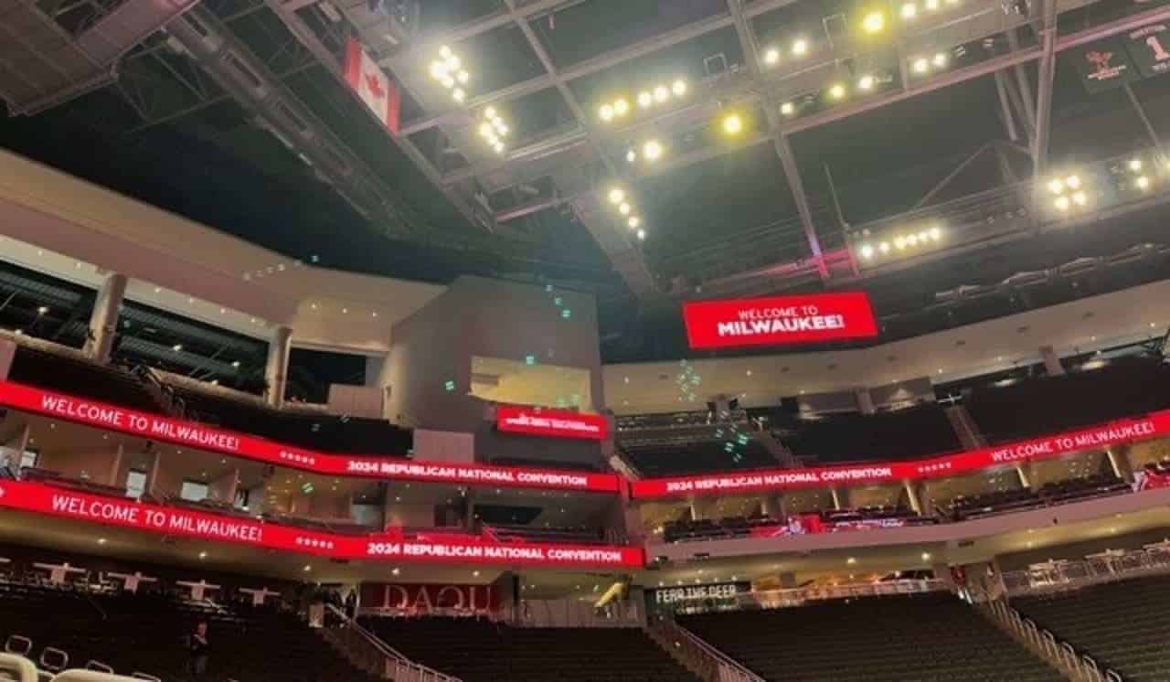 Fiserv forum in milwaukee, during a the media walkthrough of the 2024 republican national convention.