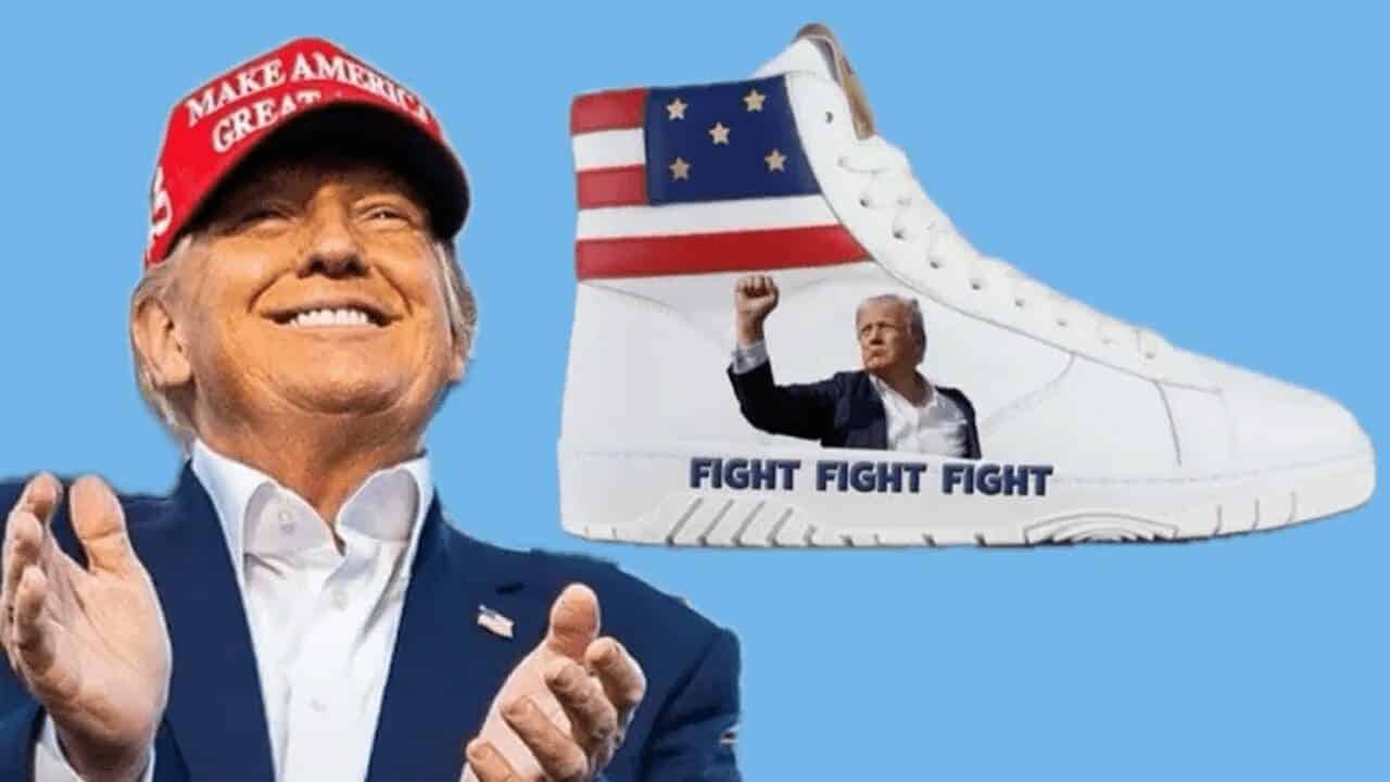 Donald Trump smiling and clapping next to the assassination attempt sneakers