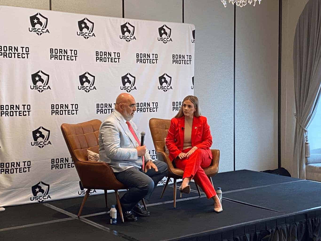 Trump campaign senior adviser Chris LaCivita speaks with Katie Pointer Baney, managing director of Government Affairs for Delta Defense and the U.S. Concealed Carry Association, during an event the organization hosted at The Pfister Hotel in Milwaukee, Wisconsin, on Tuesday, July 16, 2024.