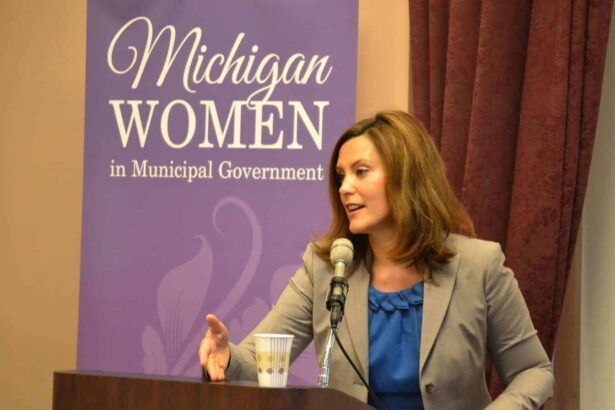 Gretchen whitmer speaks at a women’s event in michigan