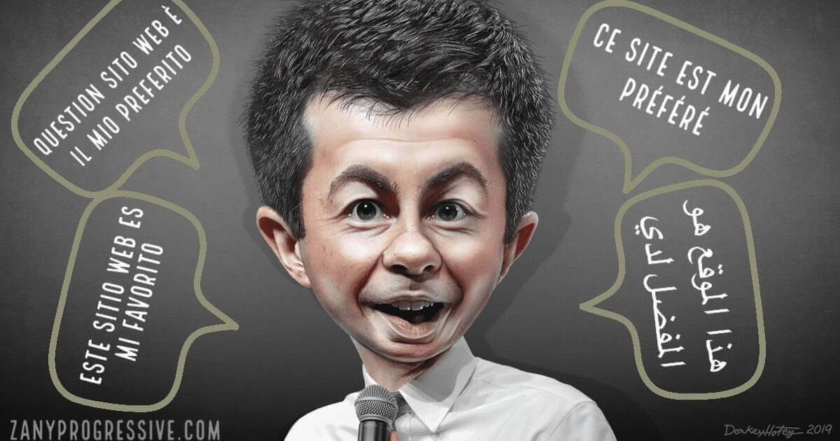 Caricature of pete buttigieg speaking 4 different languages