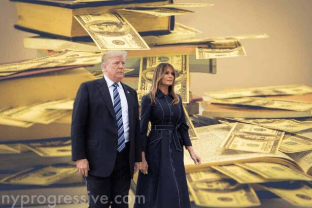 Donald and melania trump with books and cash in the background