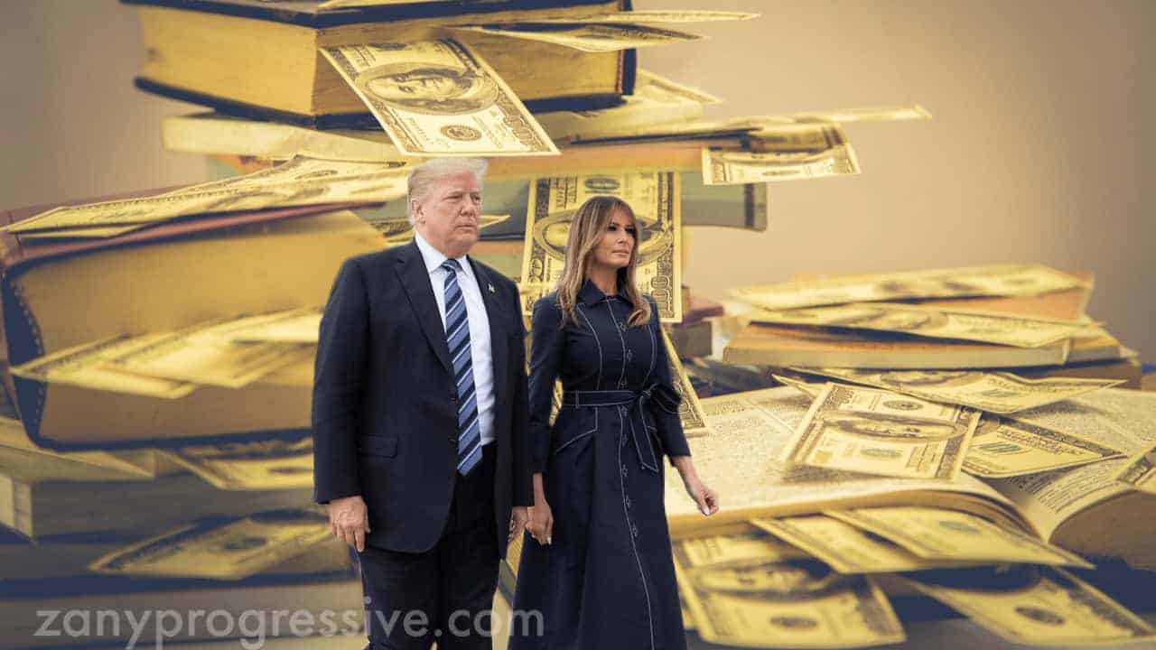 Donald and Melania Trump with books and cash in the background