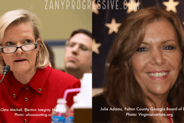 Julie adams, right, a republican member of the fulton county, georgia, elections board and a regional coordinator with the election integrity network, a right-wing organization involved in challenging the legitimacy of american election systems. Cleta mitchell, left, chair of the election integrity network.