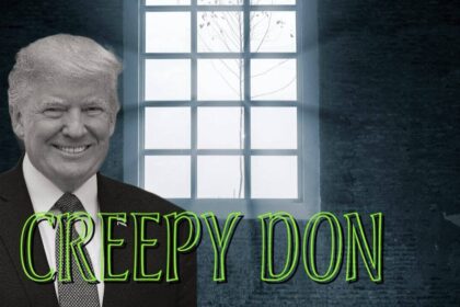 Illustration of a black and white haunted house background and black and white photo of donald trump that says creepy don in green