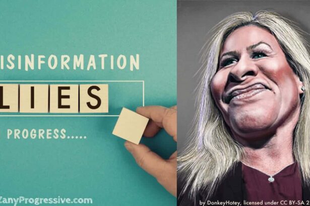 Illustration of a disinformation graphic on one side and marjorie taylor greene on the other