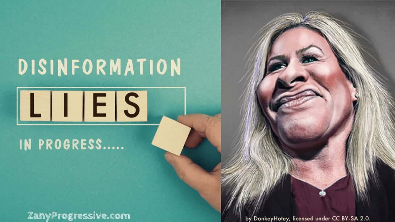 Illustration of a disinformation graphic on one side and marjorie taylor greene on the other
