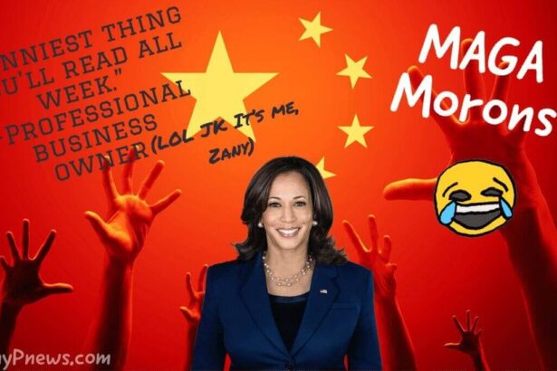 Kamala harris on a chinese flag background making fun of republicans