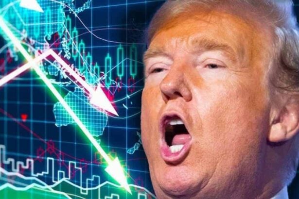 Trump with his mouth open beside stock market symbols
