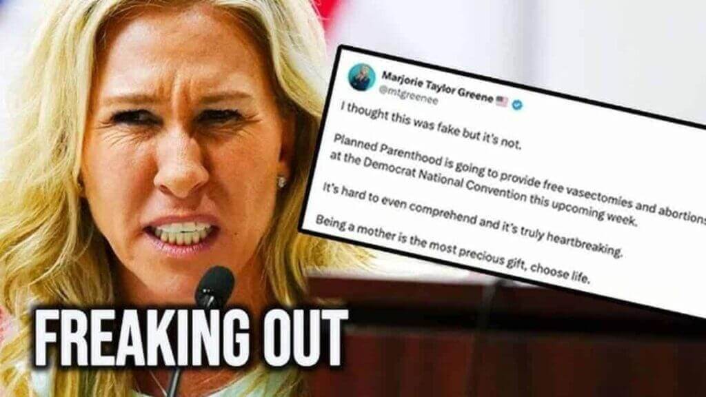 Marjorie Taylor Greene next to her Tweet freaking out over free healthcare