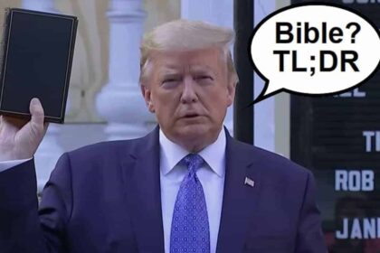 Trump photo in front of a church holding the bible upside down