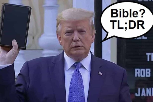 Trump photo in front of a church holding the bible upside down