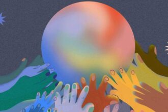 Illustration of different colored hands supporting a multi-colored planet