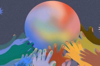 Illustration of different colored hands supporting a multi-colored planet