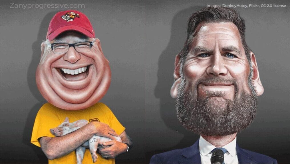 Caricatures of Tim Walz and JD Vance