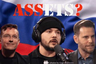 Benny johnson, tim pool, and dave rubin with the russian flag in the background