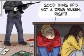 Political cartoon about school shootings and drag queens