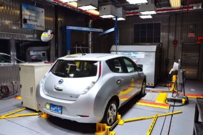 An electric vehicle undergoes hot temperature testing on the dynamometer at argonne's advanced powertrain research facility (aprf).