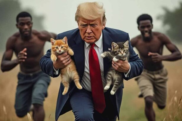 Ai image created and spread by trump supporters claiming a racist hoax that haitian immigrants are in springfield, ohio illegally and abducting and eating house cats. The image intends to favorably portray donald trump as an animal lover protecting cats from violent racial caricatures.