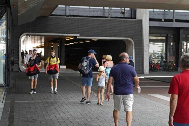 People walking along the street in a city