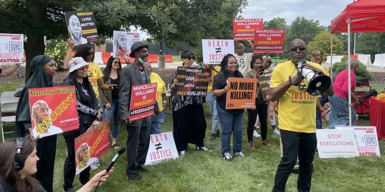 Supporters of marcellus williams rally in favor of his exoneration in shaw park near st. Louis county court in clayton, mo. , on aug. 21, 2024.