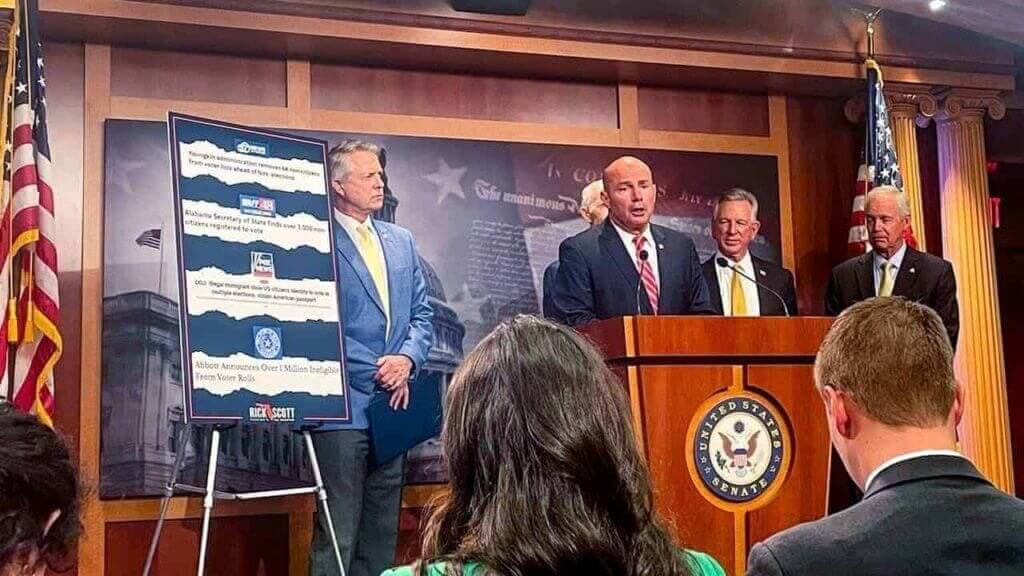 Sen. Mike Lee, Republican of Utah, introduced the Senate version of the House’s bill that would require proof of citizenship to register to vote in federal elections.