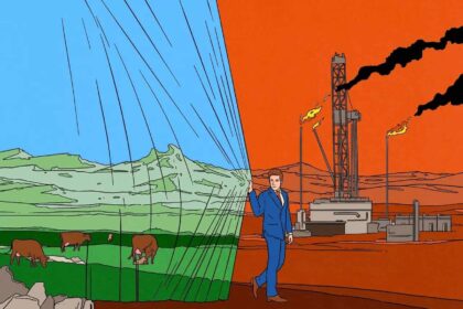 A business man pulling a curtain showing a beautiful environment over an ugly factory