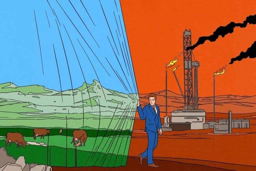 img 7213 Keep them stupid a business man pulling a curtain showing a beautiful environment over an ugly factory